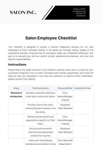 Free Salon Employee Checklist Template to Edit Online