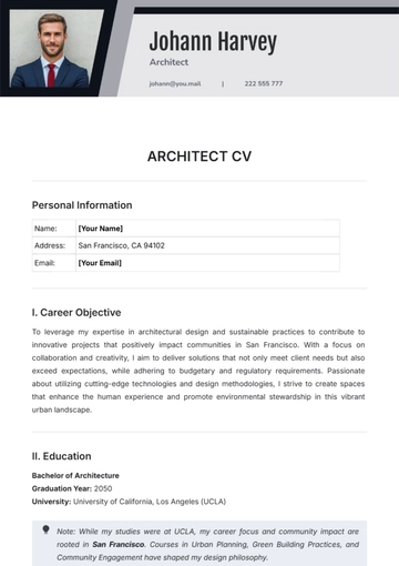 Free Architect CV Template to Edit Online