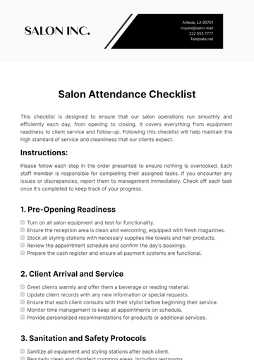 Free Salon Attendance Checklist Template to Edit Online