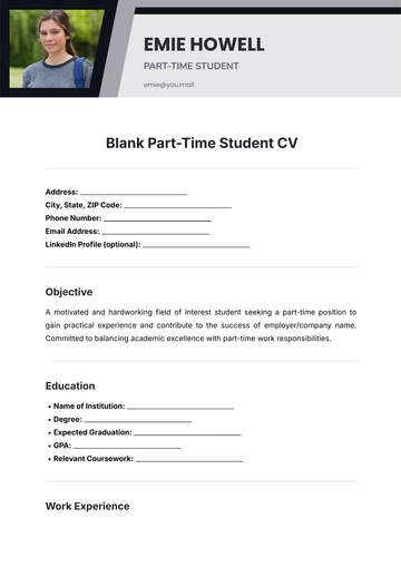 Free Blank Part Time Student CV Template to Edit Online