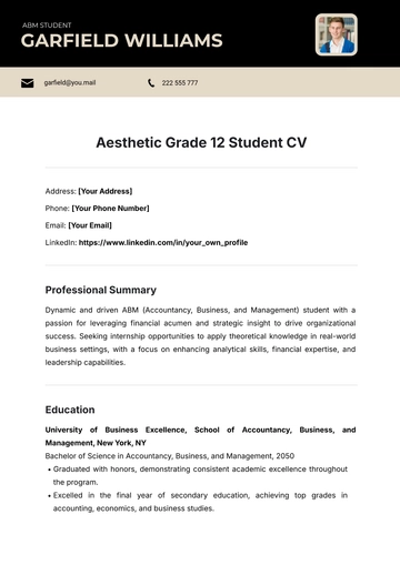 Free Aesthetic Grade 12 Student CV Template to Edit Online