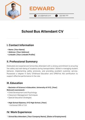 Free School Bus Attendant CV Template to Edit Online