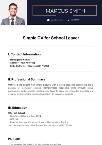 Free Simple CV for School Leaver Template to Edit Online