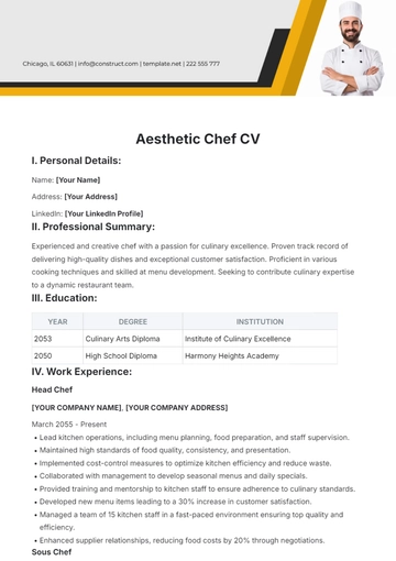 Free Aesthetic Chef CV Template to Edit Online