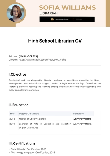 Free High School Librarian CV Template to Edit Online