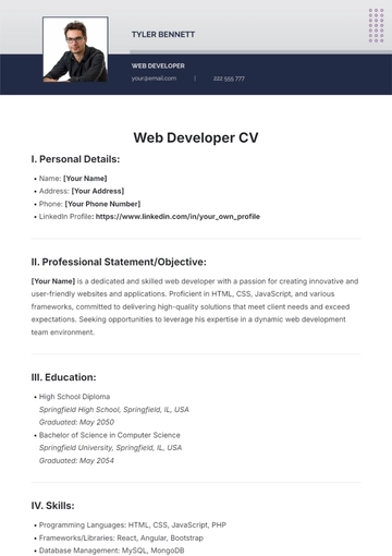 Free Web Developer CV Template to Edit Online
