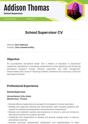 Free School Supervisor CV Template to Edit Online