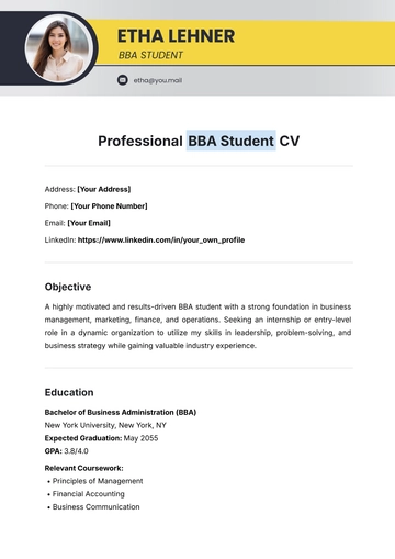 Free Professional BBA Student CV Template to Edit Online