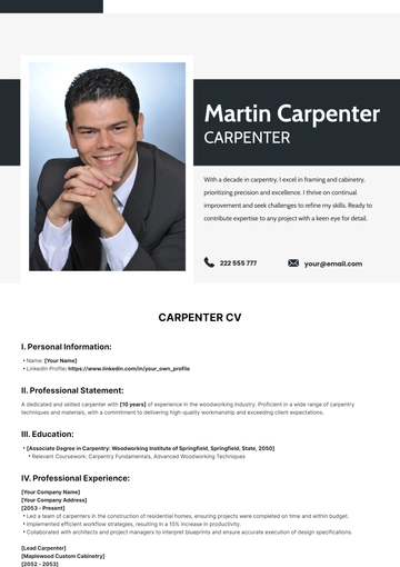 Free Carpenter CV Template to Edit Online