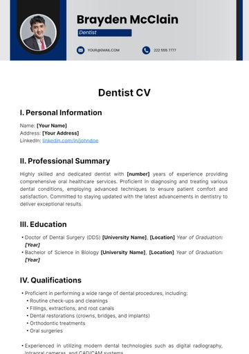 Free Dentist CV Template to Edit Online