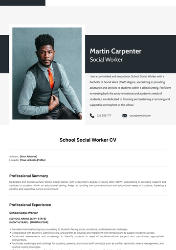 Free School Social Worker CV Template to Edit Online