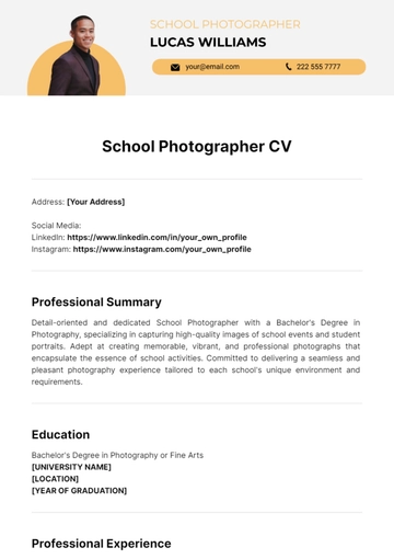 Free School Photographer CV Template to Edit Online