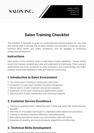 Free Salon Training Checklist Template to Edit Online