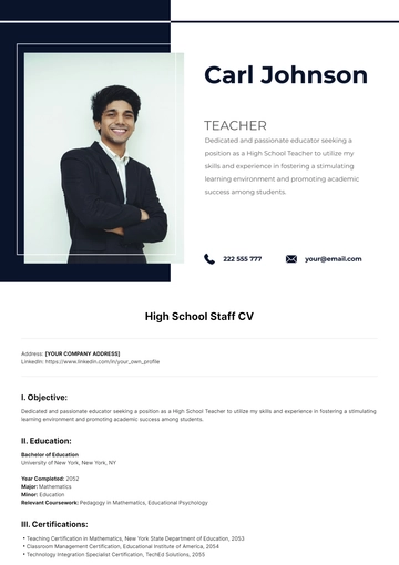 Free High School Staff CV Template to Edit Online