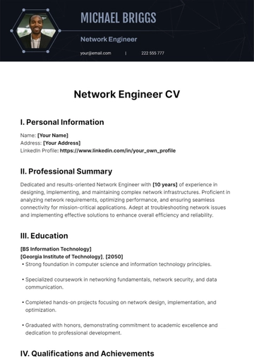 Free Network Engineer CV Template to Edit Online