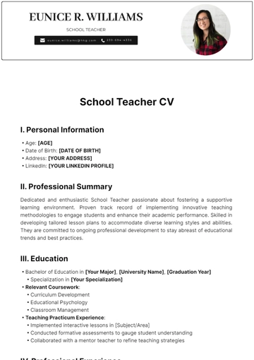 Free School Teacher CV Template to Edit Online