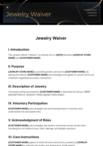 Free Jewelry Waiver Template to Edit Online
