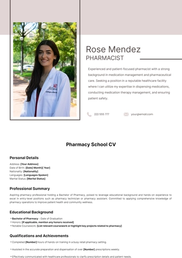 Free Pharmacy School CV Template to Edit Online