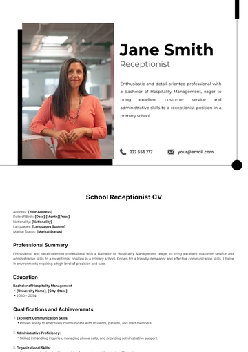 Free School Receptionist CV Template to Edit Online