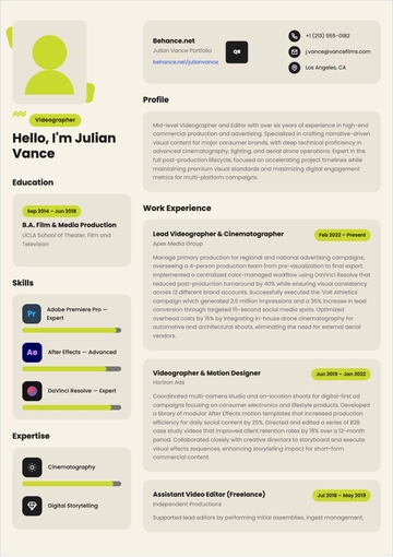 Free Videographer CV Template to Edit Online
