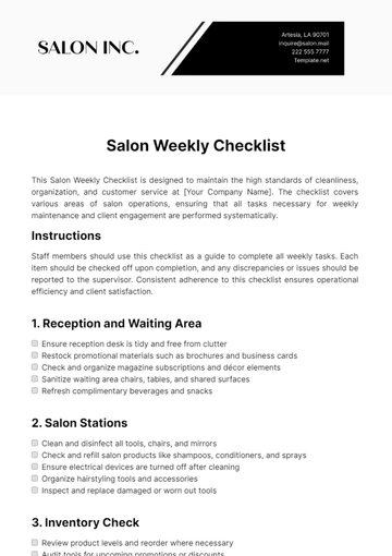 Free Salon Weekly Checklist Template to Edit Online