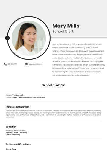 Free School Clerk CV Template to Edit Online