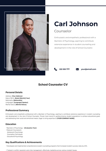Free School Counselor CV Template to Edit Online