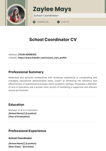 Free School Coordinator CV Template to Edit Online