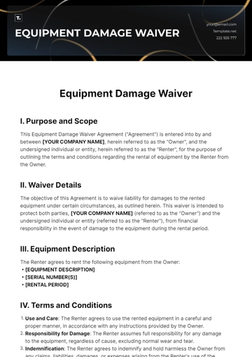 Free Equipment Damage Waiver Template to Edit Online
