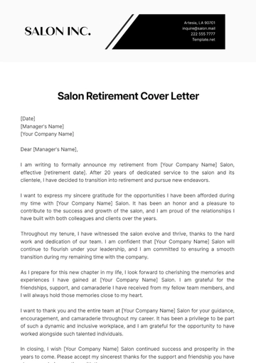 Free Salon Retirement Cover Letter Template to Edit Online