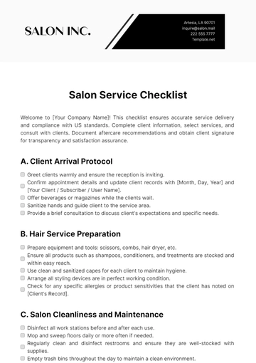 Free Salon Service Checklist Template to Edit Online
