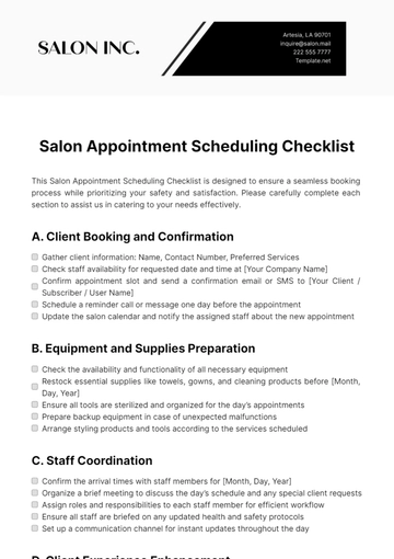 Free Salon Appointment Scheduling Checklist Template to Edit Online