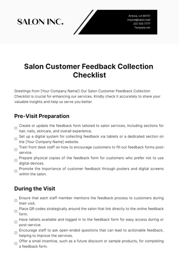 Free Salon Customer Feedback Collection Checklist Template to Edit Online