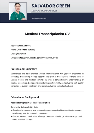 Free Medical Transcriptionist CV Template to Edit Online
