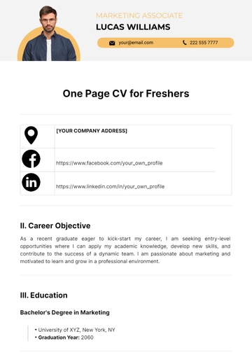 Free One Page CV for Freshers Template to Edit Online