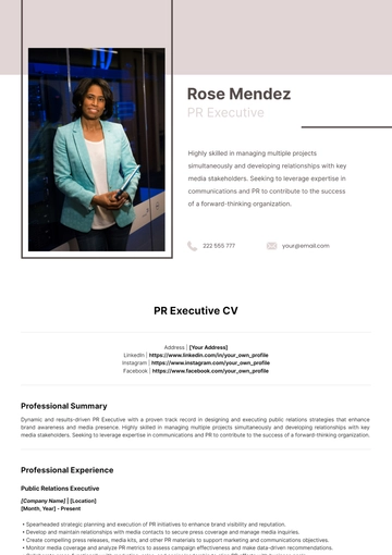 Free PR Executive CV Template to Edit Online