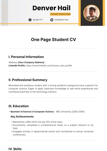 Free One Page Student CV Template to Edit Online
