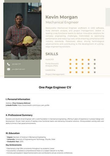 Free One Page Engineer CV Template to Edit Online