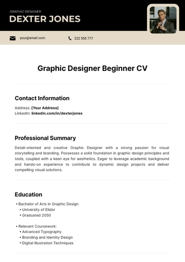 Free Graphic Designer Beginner CV Template to Edit Online