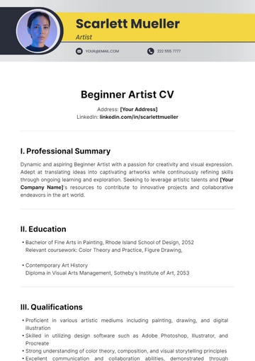 Free Beginner Artist CV Template to Edit Online