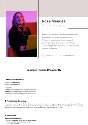 Free Beginner Fashion Designer CV Template to Edit Online