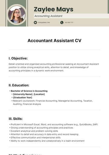Free Accountant Assistant CV Template to Edit Online