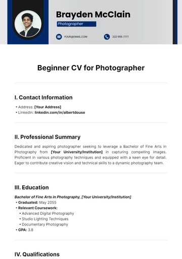 Free Beginner CV for Photographer Template to Edit Online