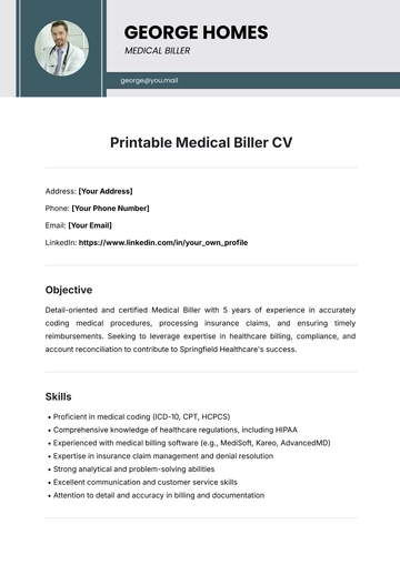 Free Printable Medical Biller CV Template to Edit Online