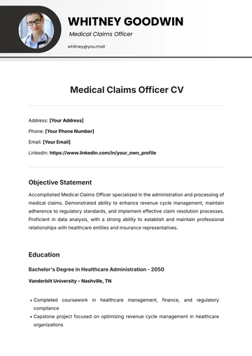 Free Medical Claims Officer CV Template to Edit Online
