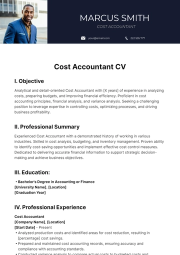Free Cost Accountant CV Template to Edit Online