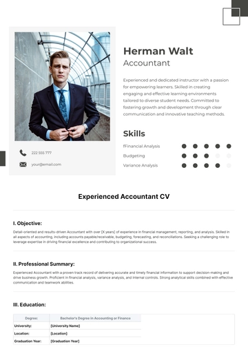 Free Experienced Accountant CV Template to Edit Online