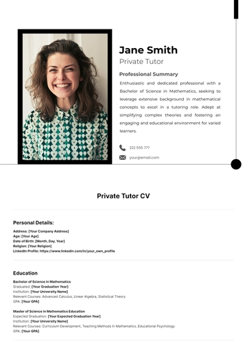Free Private Tutor CV Template to Edit Online