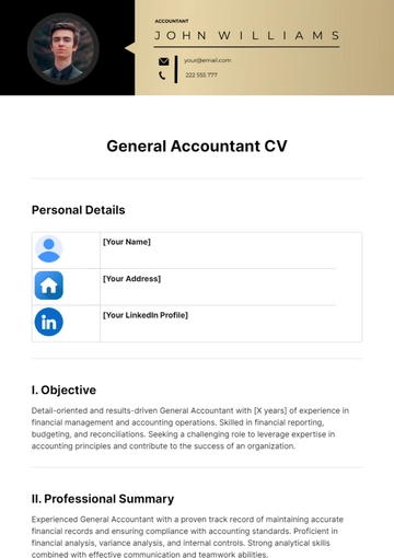 Free General Accountant CV Template to Edit Online