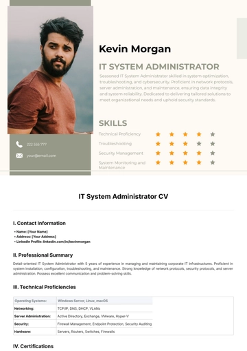 Free IT System Administrator CV Template to Edit Online